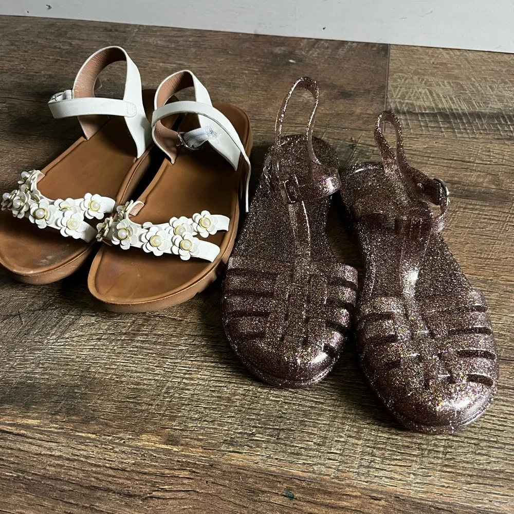 Sandals‎ Bundle White Floral + Glitter Jelly Beach Shoes Lot girls size 3